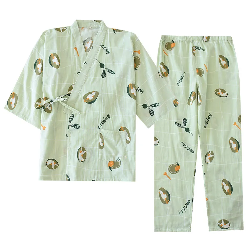 

Spring Autumn New Style Japanese Kimono Traditional Cotton Gauze Home Service Cute Sweet Comfortable Loose Pajamas Set Yukata