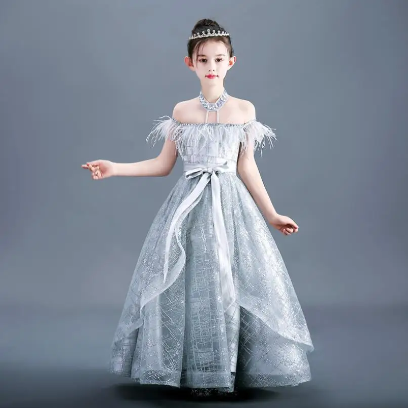 

Girls Princess Dress Birthday Party Beading Mesh Stitching Tassel Evening Gown Kids Pageant Catwalk Dress For Girls L434