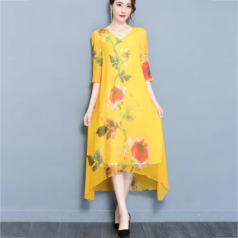 2020 Новое весеннее летнее женское шелковое платье свободного кроя с принтом в