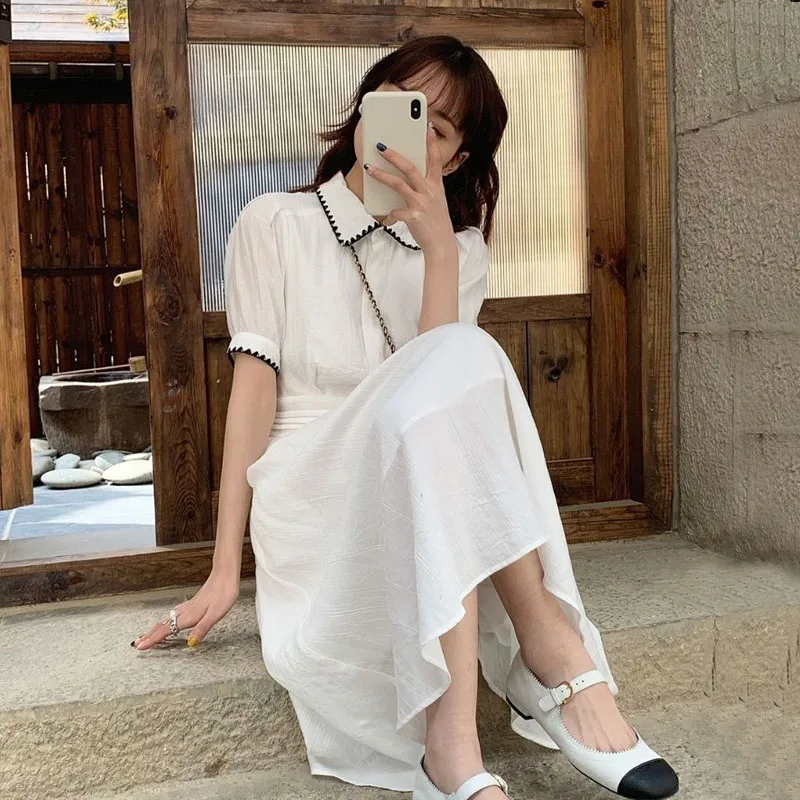 

One Piece Dress Korean Short Sleeve Basic Casual Dresses Women Elegant Vintage Midi Dress Evening Office Lady 2021 Summer Chic