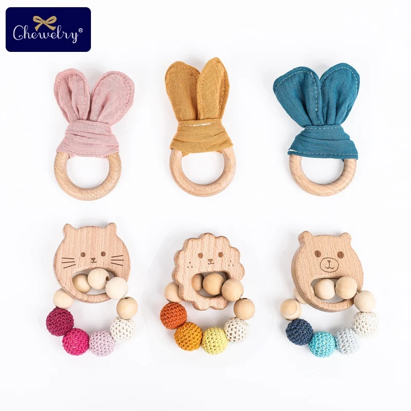 1Set Baby Toys Wooden Teether Bracelet Crochet Beads Hand Teething Rattles Bunny Ear Play Gym Stroller Children's Products | Мать и