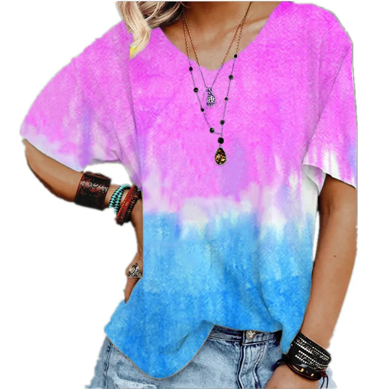 

2021 Summer New Women Fashion Loose V-neck Tops T-shirt Gradient Color Short Sleeve Casual Shirts Ladies Tops Tees Plus Size