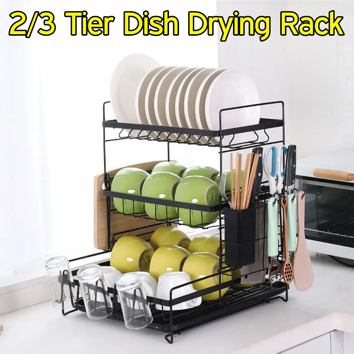 

2/3 Tiers Stainless Steel Dish Drying Rack with Drainboard Countertop Utensil Holder Kitchen Counter Drainer Cutlery Shelves