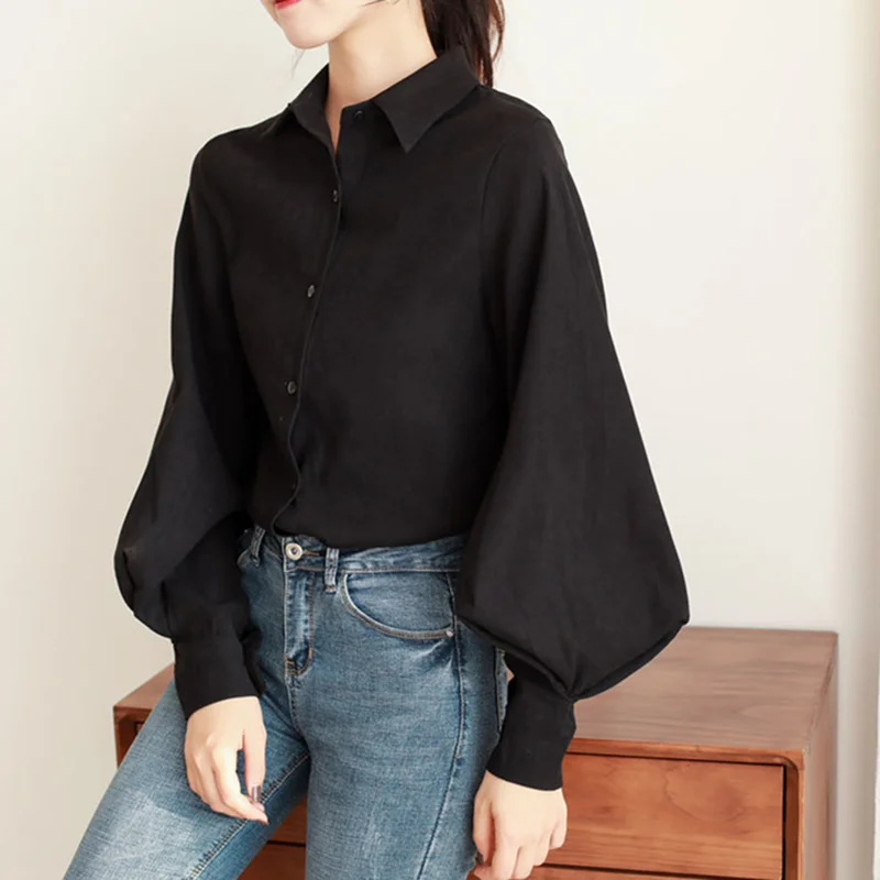 

Mozuleva New Arrival Spring Blue Women's Shirt Female Blouse Tops Lantern Sleeve Turn-down Collar OL Style Women Loose Blouses