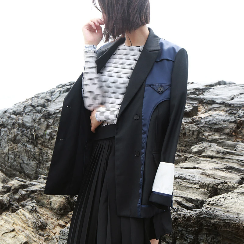 

[EAM] 2021 New Spring Autumn Lapel Long Sleeve Hit Color Split Joint Loose Personality Jacket Women Coat Fashion Tide JU179