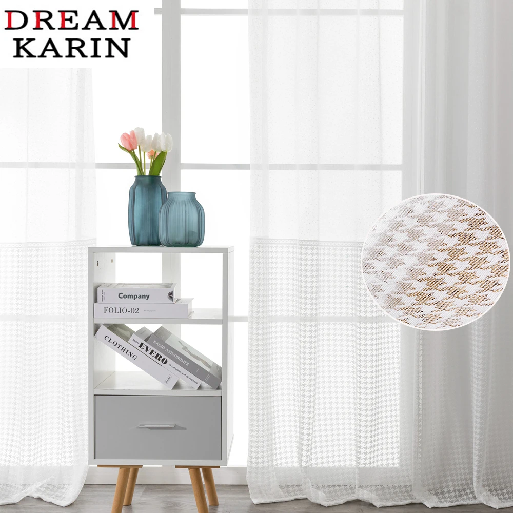 

DK Plaid Modern luxury White Tulle Curtains for Living Room Bedroom Window Jacquard Sheers Voile Serape for Home Decor Drapes