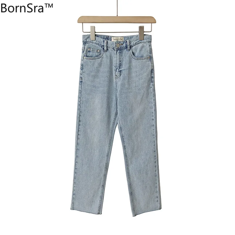 

Bornsra 2020 Korean Casual Pants Softener Washed Fake Zippers Light Ankle-Length Pants Jeans Women Cotton Blue Jeans