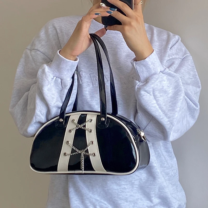 

Fashion Women Large Capacity Shoulder Bags Vintage Patent Leather Ladies Chain Underarm Bag Female Y2k Cool Girls Tote Handbags