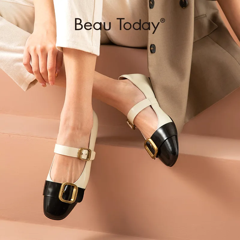 

Ботинки BeauToday Mary Janes женские из натуральной коровьей кожи, квадратный носок, двойные пряжки, милые низкие Туфли без каблуков ручной работы, 28232