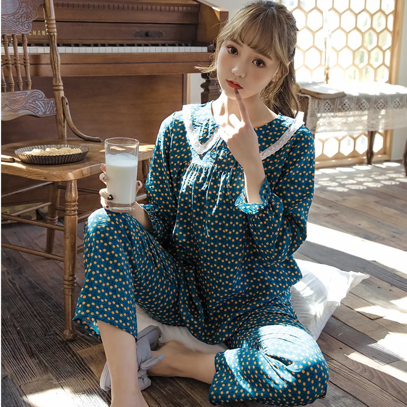 

SLPBELY Women Polka Dot Pajamas Set Homewear Spring Soft Sweet Doll Collar Long Sleeve Pyjamas Sleepwear Nightwear Nightclothes