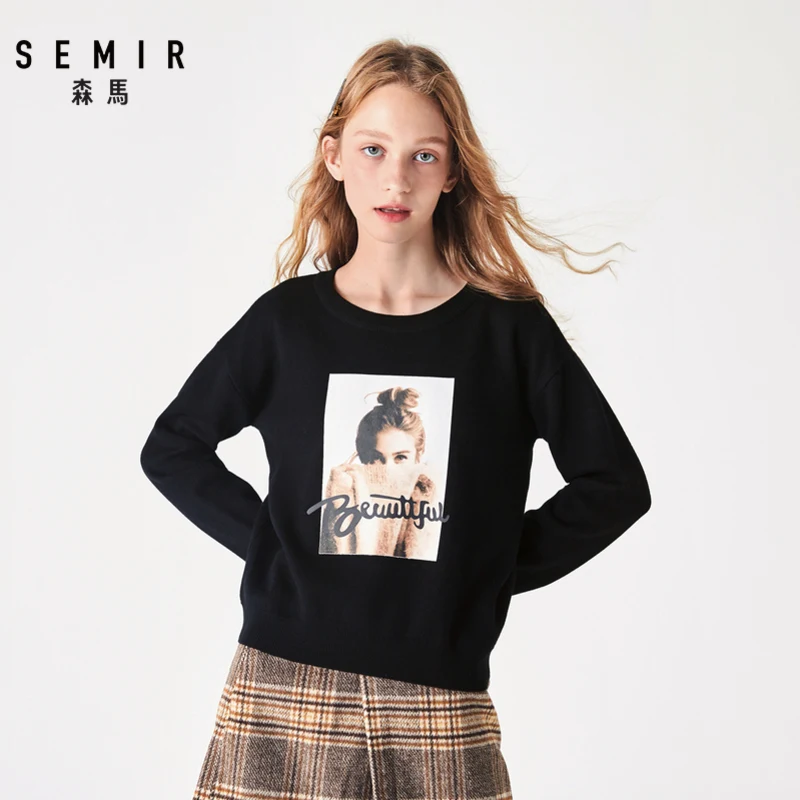SEMIR Sweater women o neck pullover personality trend figure printing knitted bottoming sweater inside and outside soft clothes | Женская