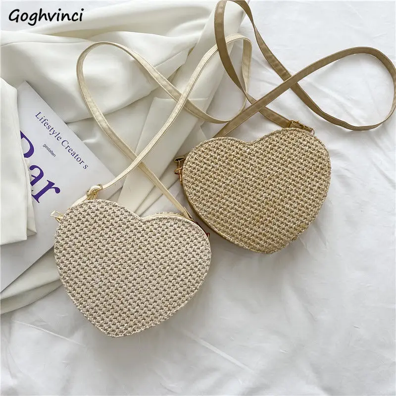 

Summer Woven Bags Women Cross Body Heart Shaped Straw Bag Fashion Retro Ins Popular Shoulder All-match Ulzzang Beach Mori-girls