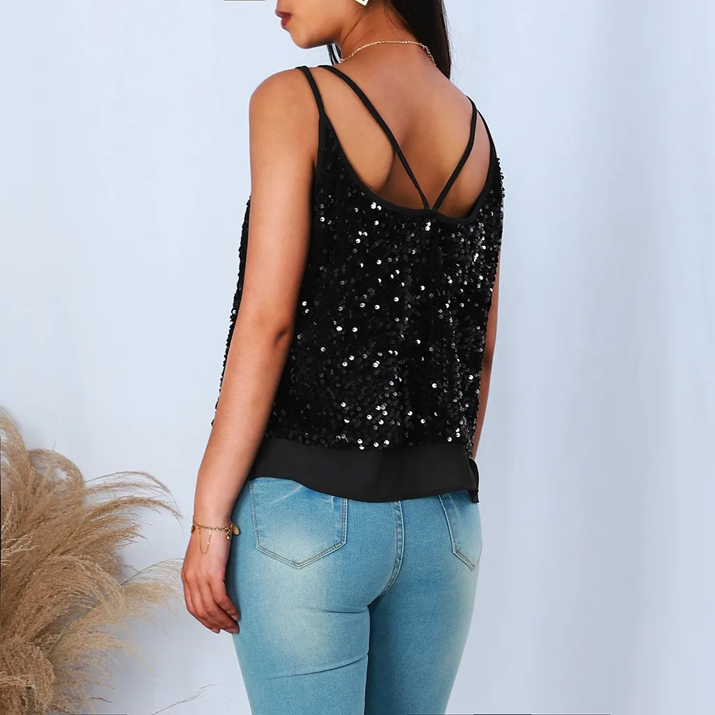 

Fashion Women's Casual Sequins Solid Sleeveless T Shirt 2020 Vintage Creativity O Neck Top Tee Button Cami Gift For Lady Girl