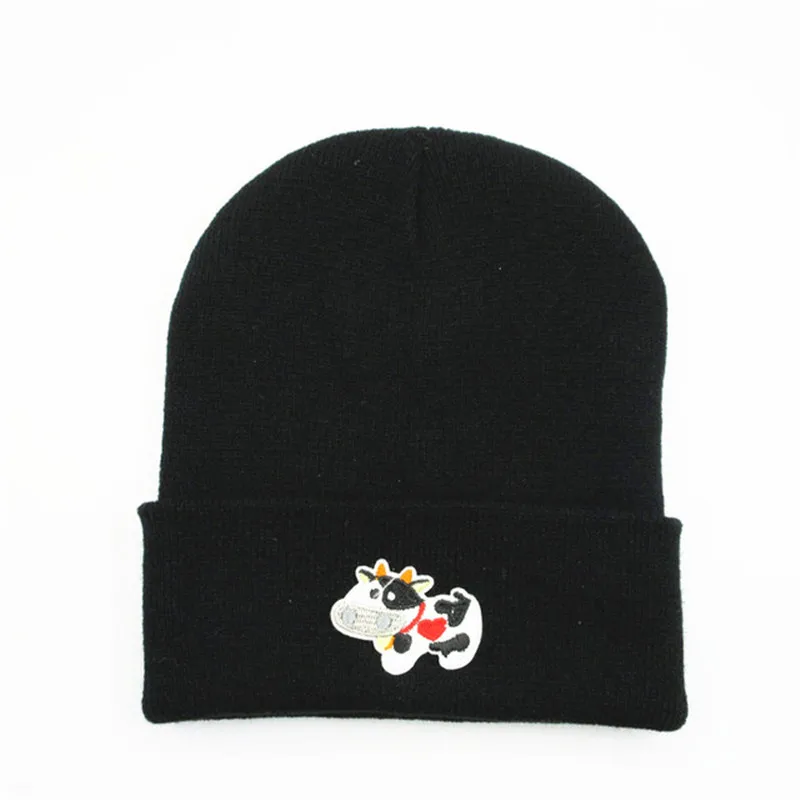 Толстая вязаная шапка с вышивкой животных коровы зимняя теплая Skullies бини для
