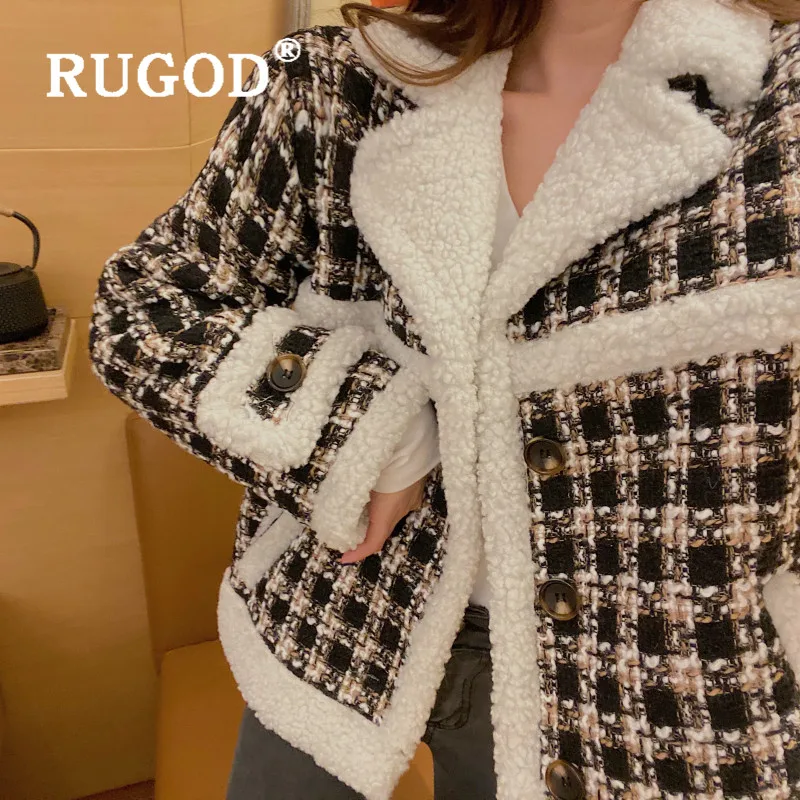RUGOD шерстяное твидовое пальто Женская Теплая клетчатая флисовая куртка женские