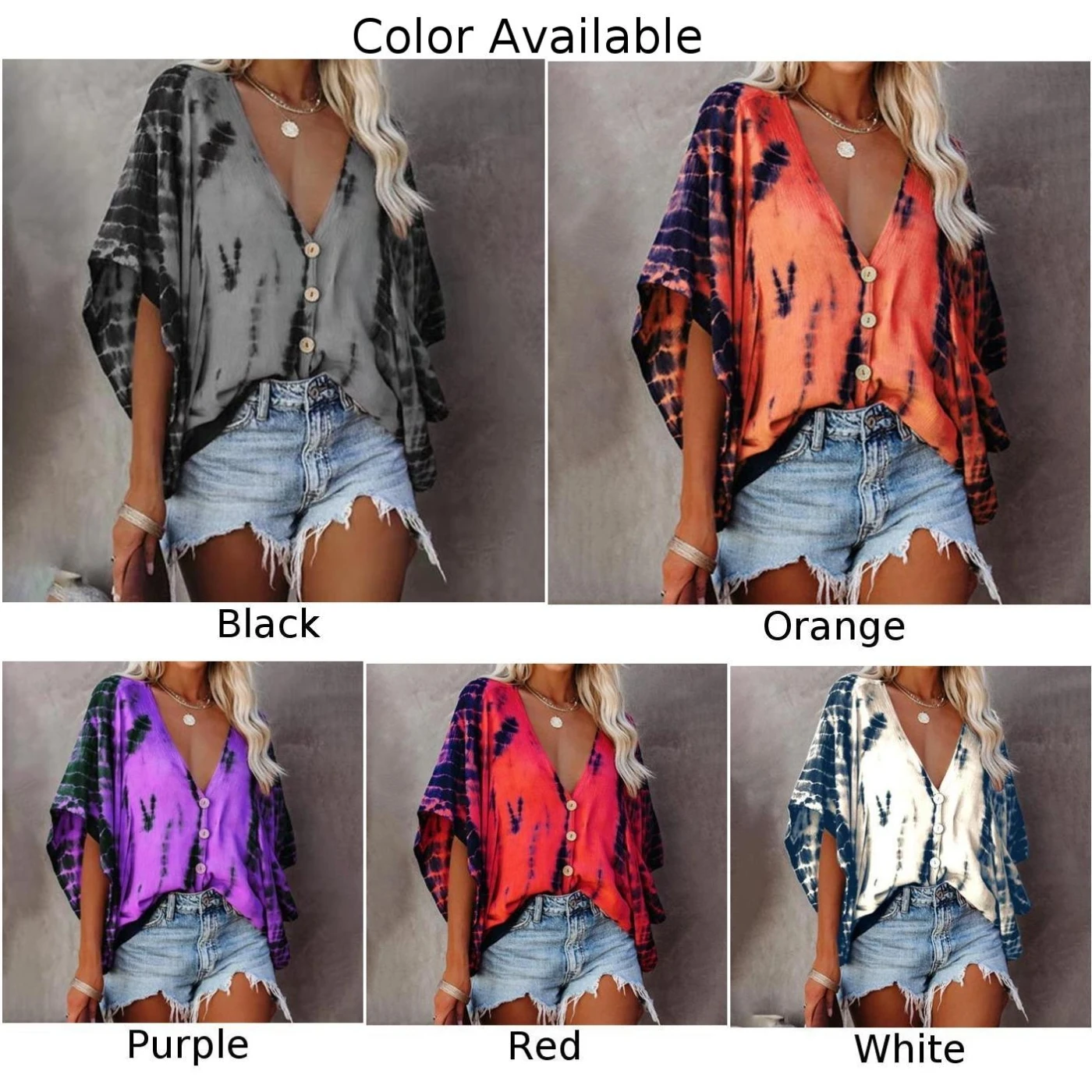 

Summer Womens V Neck Bat Sleeve T Shirt Loose Button Blouse Casual Tie-Dye Tops Pleated T Shirts Ladies Plus Size Street Style