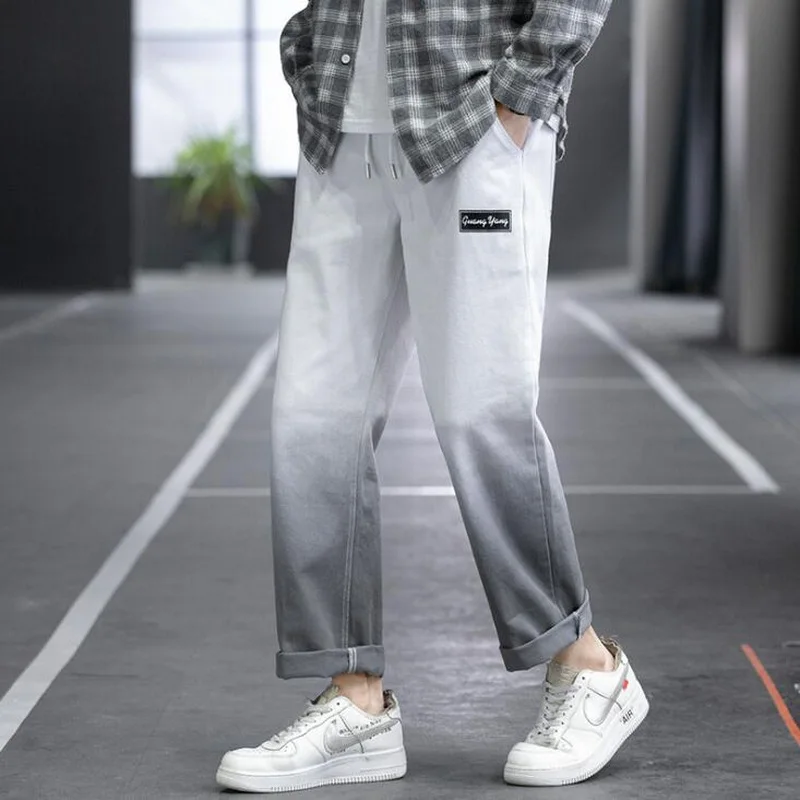 Men Jeans Cropped Fashion Gradient Color Drawstring Casual Denim Pants Male Streetwear Baggy Jeans Trousers