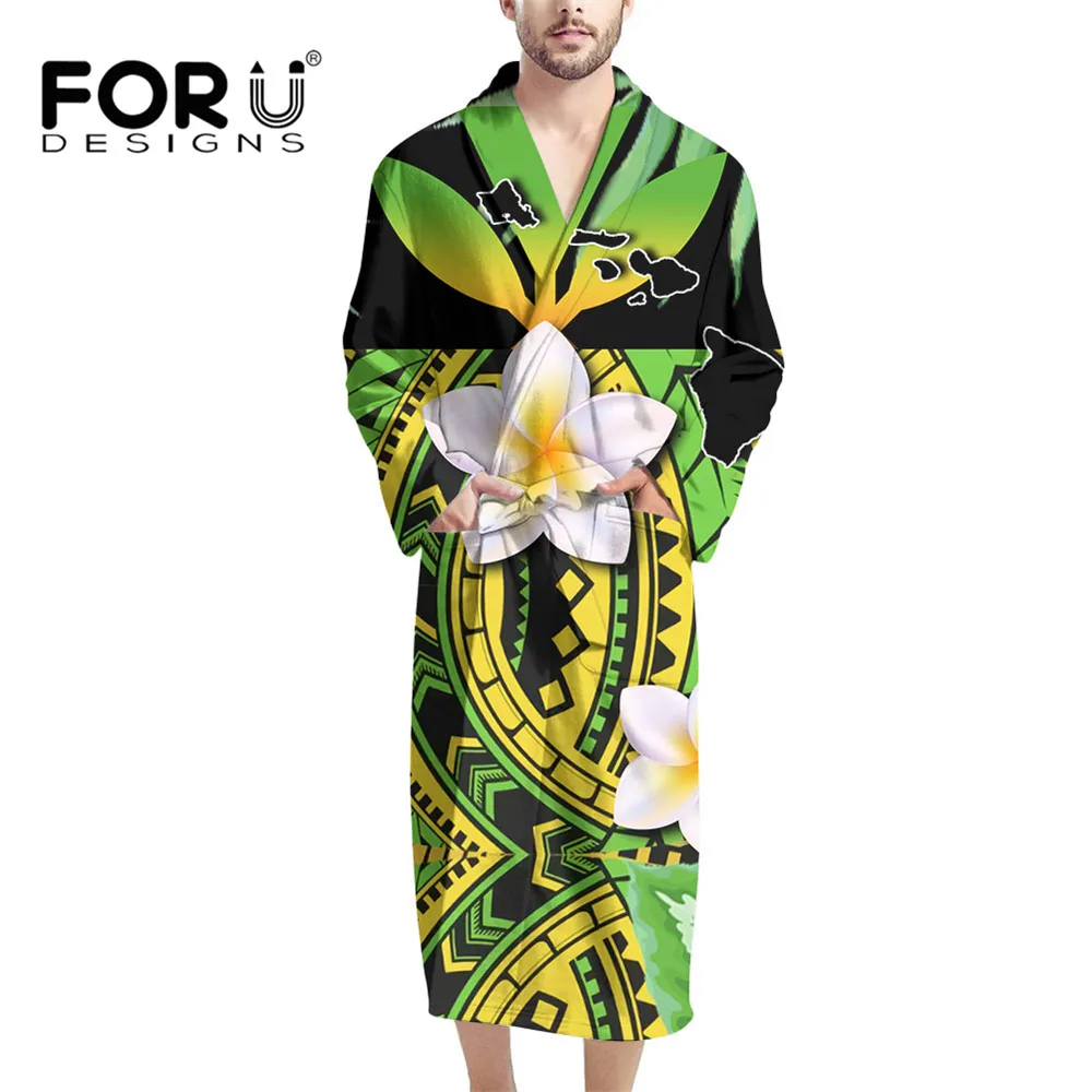 

FORUDESIGNS Hawaii Plumeria Polynesian Patten Print Yukata Bathrobes Gown For Male Men's Plush Full Length Loungewear Kimono