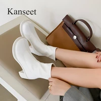 kanseet new round toe female short boots 2021 autumn winter concise design zipper 5cm mid heel women ankle boots size 40 white