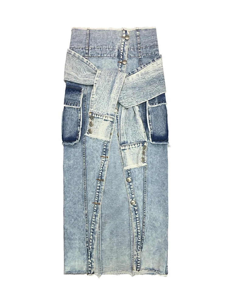

ZCSMLL Spring 2021 New Skirt Single-row Button-up Fork Medium-length Denim Skirt Women's Fake Two-piece Casual Skirt Trend