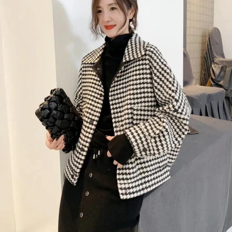 

2021 Women Causal Houndstooth Woolen Jacket Short LoosePlaid Autumn Coat