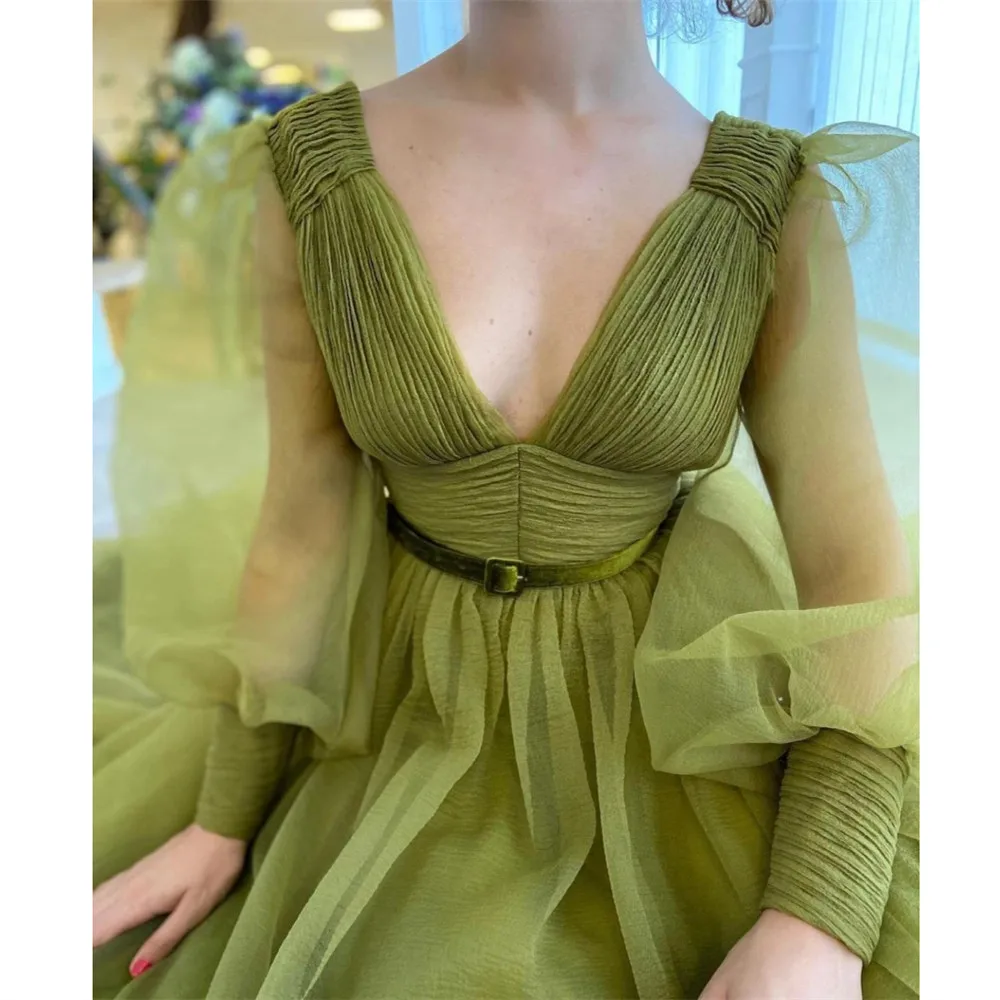 

HONGFUYU Soft Organza A-line Prom Dresses Puff Long Sleeves Deep V-neck Evening Formal Gowns with Velvet Belt