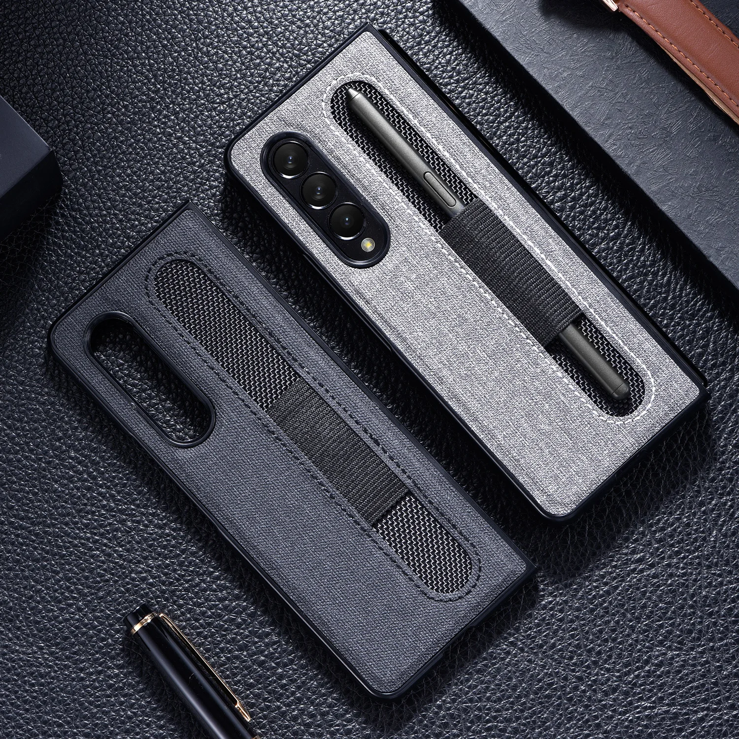 Phone Cases For Samsung Z Fold 3 Stylus S-Pen Socket Slot Cloth Pattern Protect Cover with Pocket Holder For Galaxy Z Fold3 5G