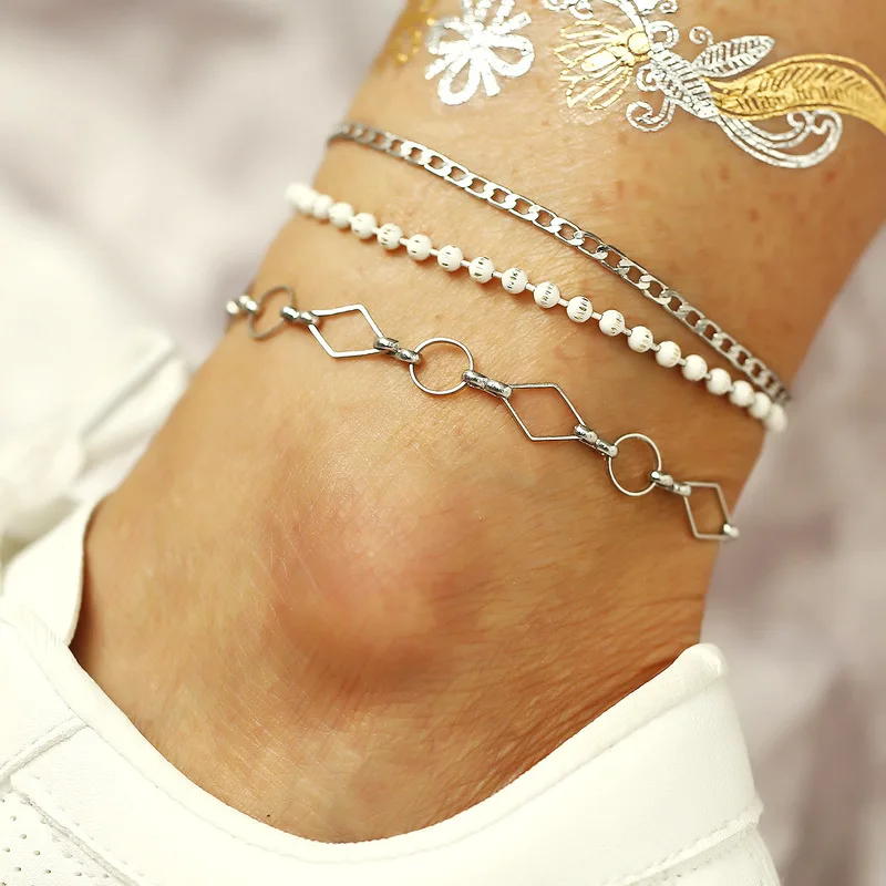 

New Leg Chain Creative Geometric Beaded Anklets Set Summer Beach Adjustable Silver Anklet Bracelet for Women Jewelry