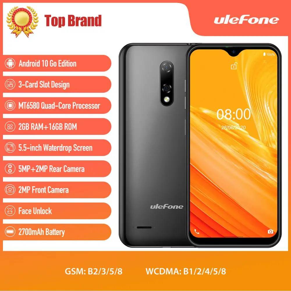 

Ulefone Note 8 2GB+16GB Smartphone Android 10 Waterdrop Screen Quad Core 5.5-inch Face Recognition 5MP Camera