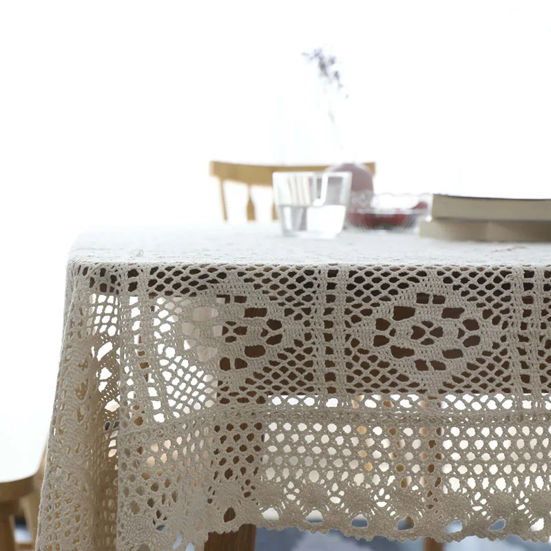 

Pastoral Crochet Tablecloth Lace Hollow Out Cotton Table Cover Piano Towel Vintage DIY Handmade Dining Table Cloth for Kitchen