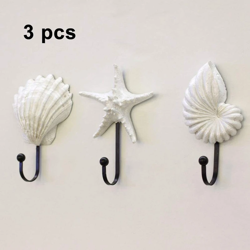

3Pcs Resin Clothes Hook Mediterranean Style Hooks Resin Scallop Conch Clothes Hooks Sea Star Decor Wall Mounted Hanger
