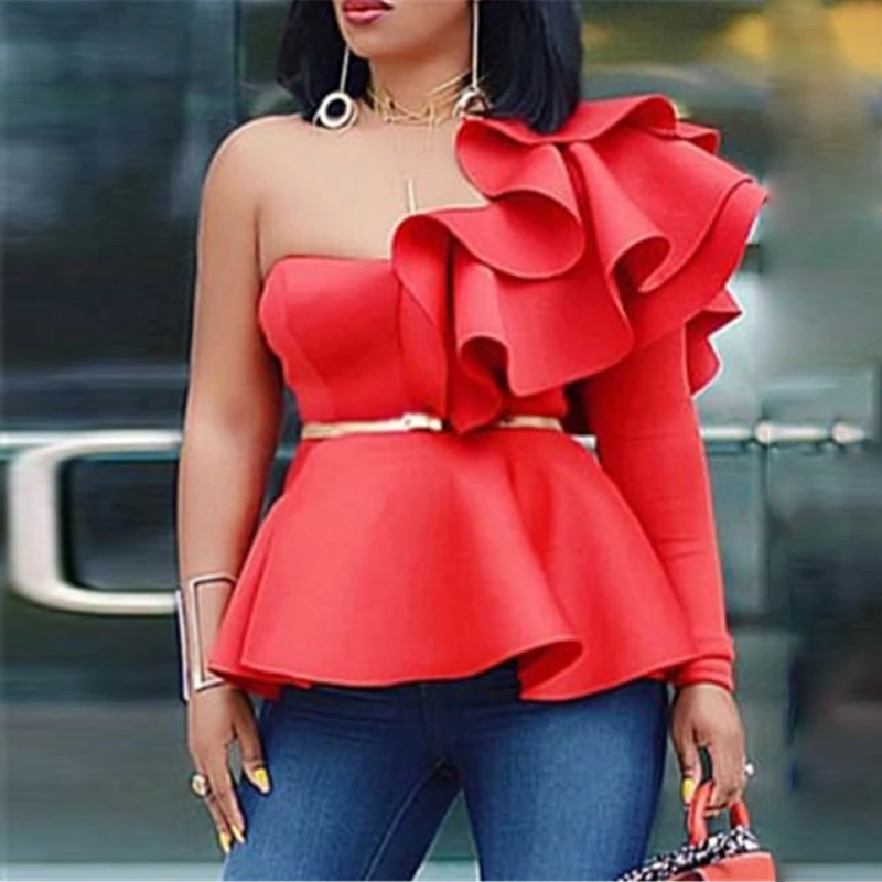 

Plus Size Women Blouse Party Top Sexy One Shoulder Big Ruffles Long Sleeve 2021 Fall Fashion Shirts Blouses Date Night Club Wear