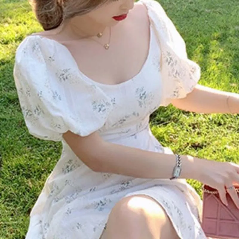 

2021 Summer New Korean Retro Vintage Elegant Sweet Fairy Dresses Women Puff Sleeve French Floral Print Mini Dress Office Dress`s