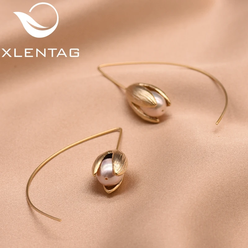 Серьги-подвески XlentAg с натуральным пресноводным жемчугом и цветком тюльпана 925