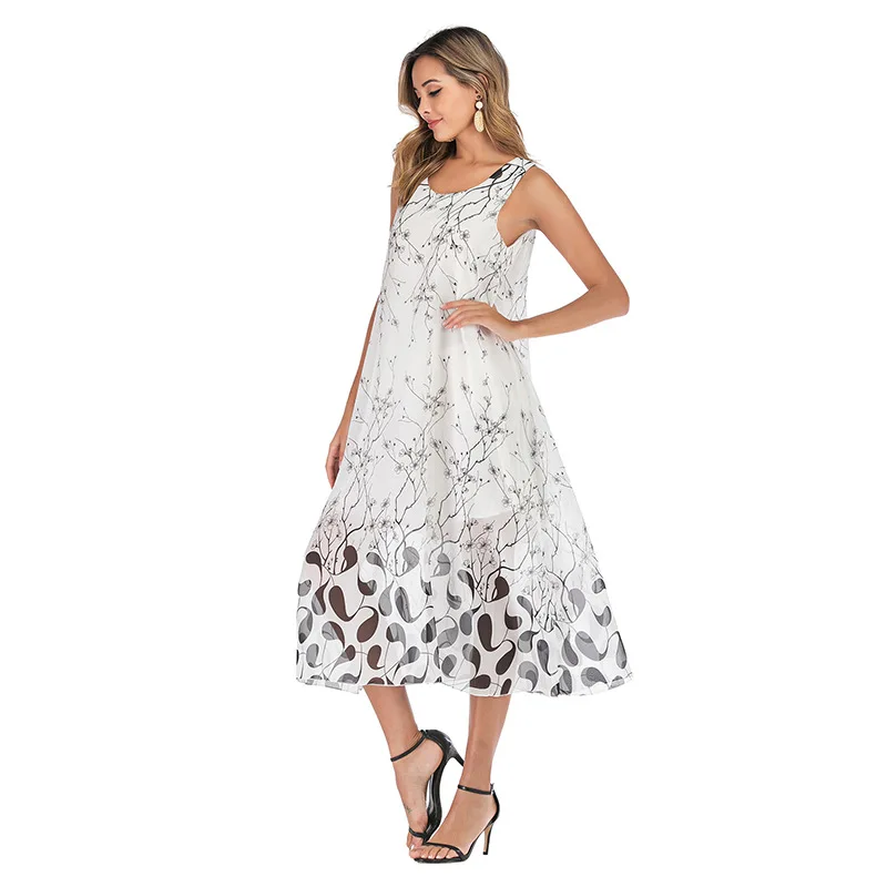 

European and American women's summer short sleeves in long chiffon print lace splicing vest dress female