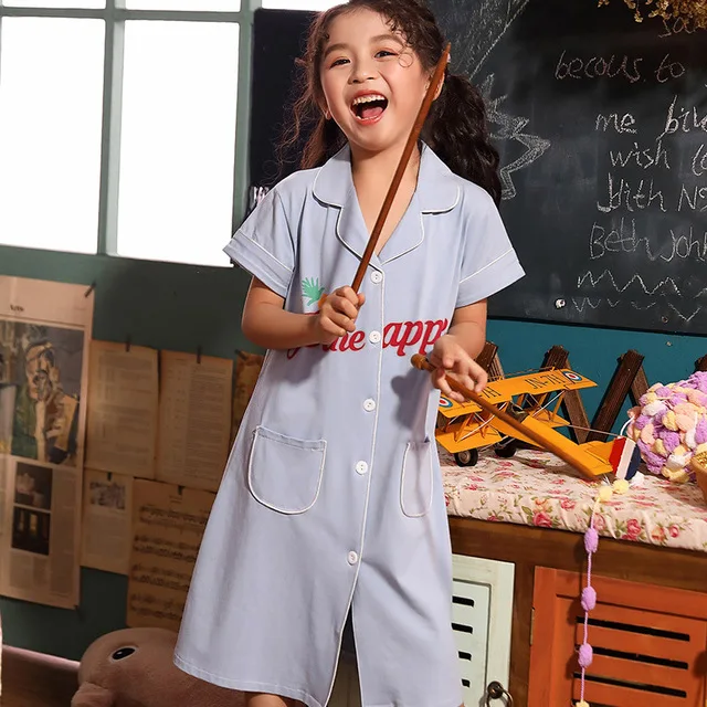 

Solid Nightgowns for Girls Bow Design Summer C-neck Short Sleeve Cotton Nightdress Children Sleepwear Kids Cute SleepshirtsZL150