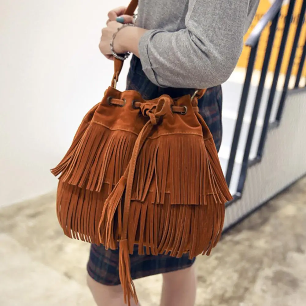 

bag women Fashion Solid Color Women Fringe Drawstring Suede Crossbody Shoulder Bucket Bag bags for women