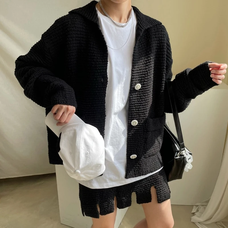 

Elegant Knitted Women Skirt Set V-neck Single-breasted Cardigans + Mini Skirts Ladies 2 Pieces Sweater Set 2021 Autumn