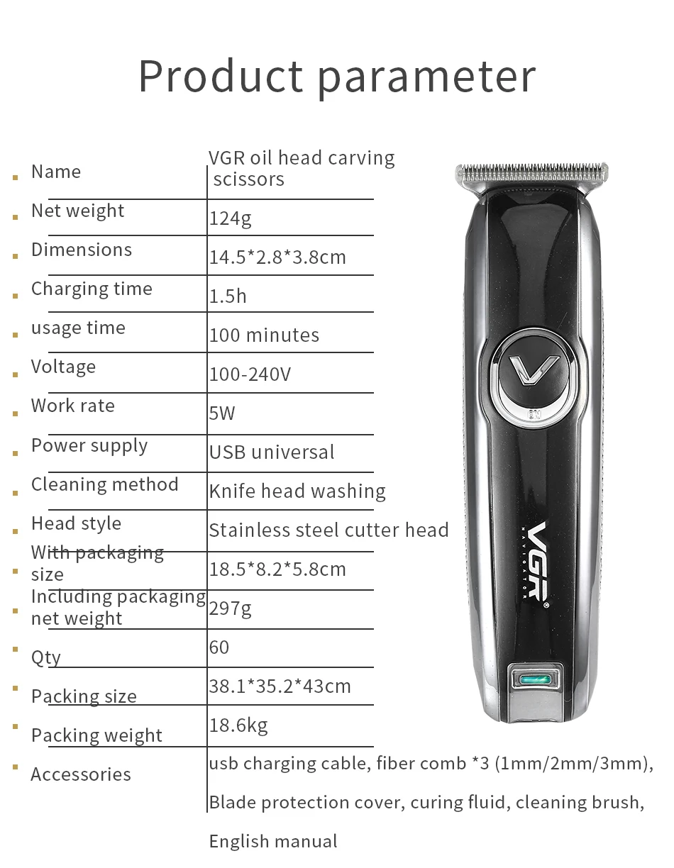 

VGR Electric Scissors New Hair Clipper 0 Cutter Head Oil Head Carving Barber Scissors USB Electric V-168 Cordless Clippers