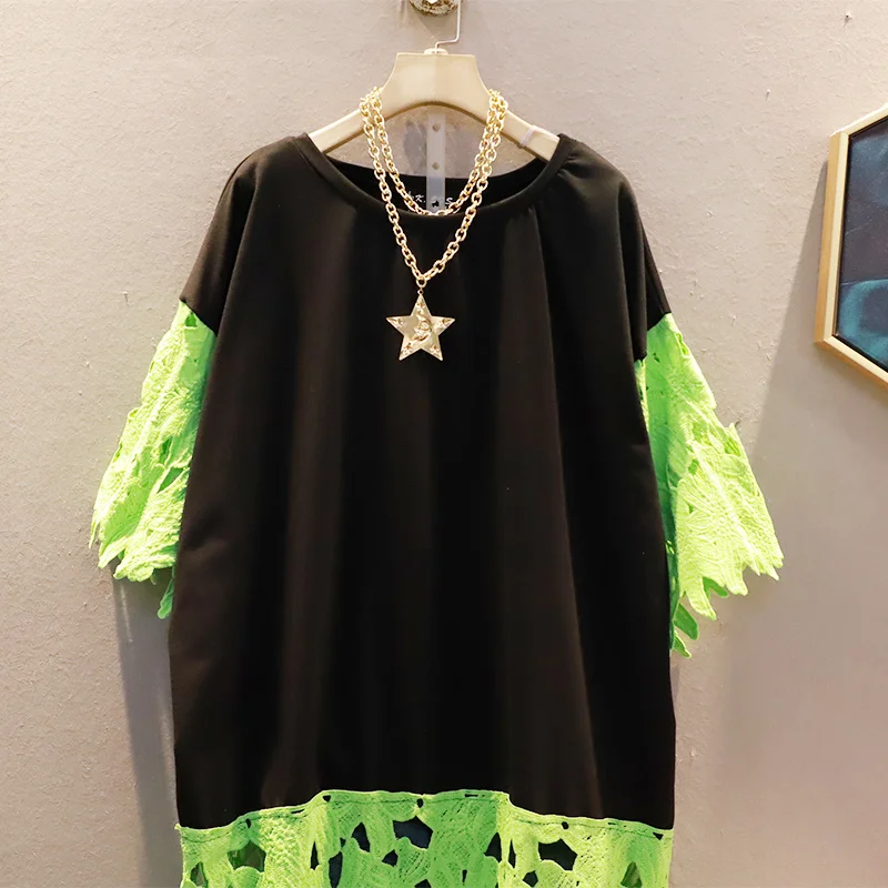 

QING MO 2021 Summer New Women Dress Stitching Trend Women Casual Dress Loose And Thin Fashion Dress Black ZWL051