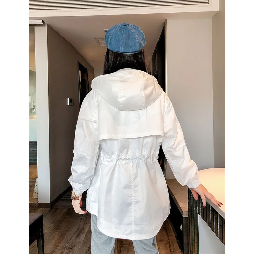 

Women Jackets Drawstring Lace Up Slim Waist Coat 2020 Autumn Casual Zipper Medium-long Hooded Outwear Female Windbreaker Y150