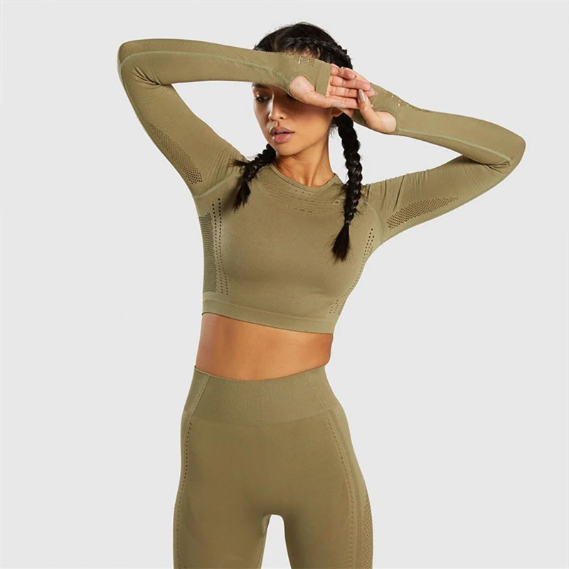 Army Green Suit Безупречный бесшовный спортивный костюм для женщин, трикотажный комплект для тренажерного зала и тренировок, укороченный Топ с длинным рукавом для фитнеса и Компрессионные Леггинсы, комплект из 2 предметов для йоги - Цвет: Army Green Suit