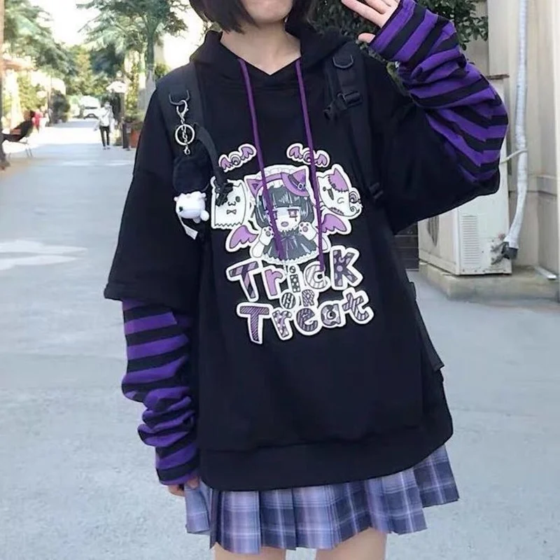 

Kawaii Harajuku Autumn Winter Hoodie Woman Cute Cartoon Anime Gothic Print Stitching Long-sleeved Sweatshirt Pullover Tops 2021