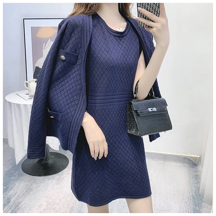 

Luxury Sweater Dress Sets Women Long Sleeve Cardigan Jacket + Sleeveless Vest Mini Dress Elegant Two Piece Outfit Knitted Suit
