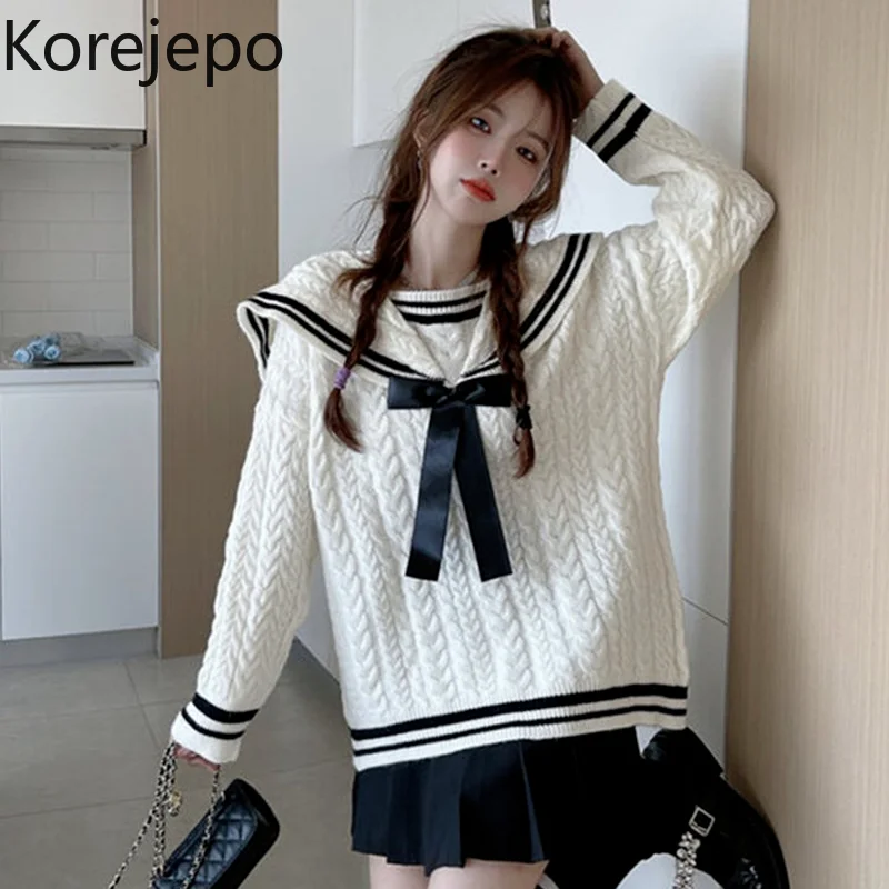 

Korejepo Women Sweater 2021 Autumn Winter Japanese Preppy Style Sweet All-match Female Outer Wear Loose Top Navy Collar Pullover