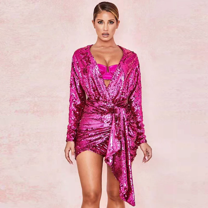 Новые модные популярные блестящие фуксия платья с длинным рукавом оптовая