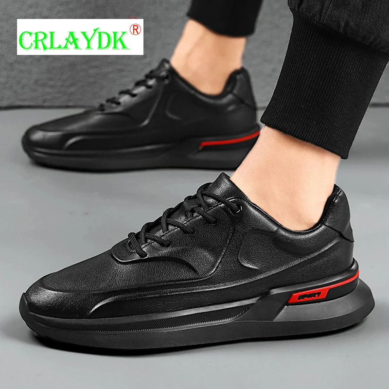 

CRLAYDK Leather Casual Men Shoes Walking Breathable Low Top Sneakers Running Sports Increased Outdoor Black Tennis for Boys