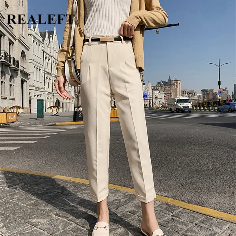 Женские повседневные брюки карандаш REALEFT бежевые с высокой талией и поясом