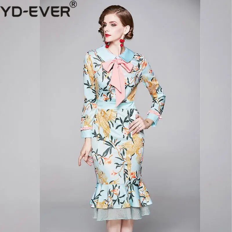 Женское облегающее платье с оборками элегантное бантом на воротнике и длинным