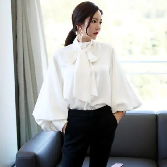 Рубашка Женская атласная с рукавами-фонариками и бантом на шее | одежда